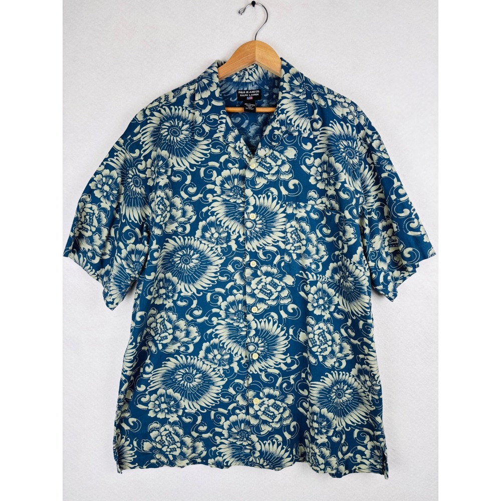 VTG Polo Jeans Co Ralph Lauren Floral Linen Cotton Shirt Large Tropical Resort